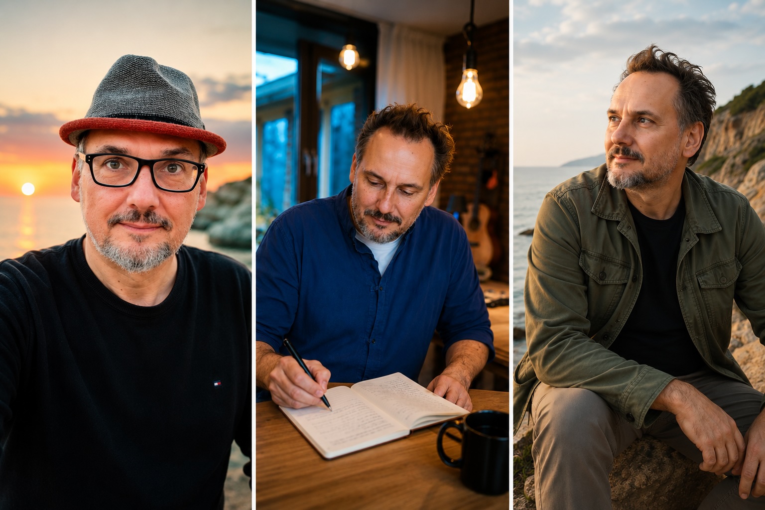 Dirk Scheffel – drei Portraits: am Meer, beim Schreiben, in der Natur